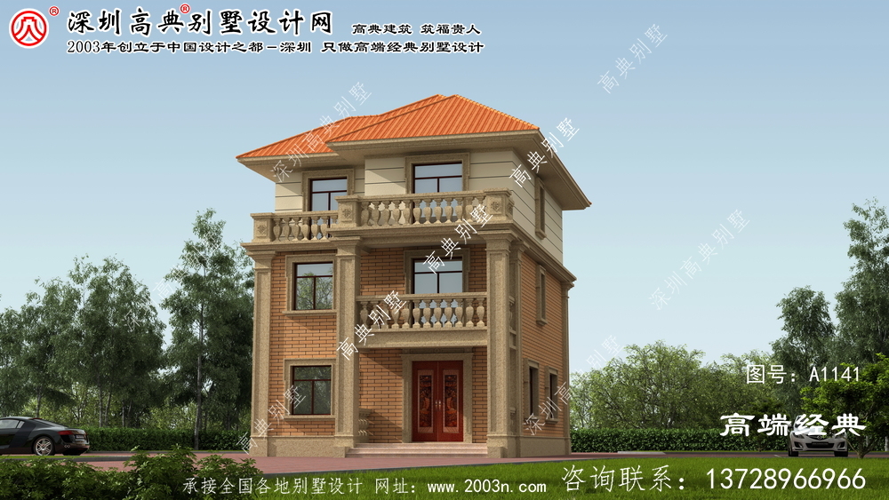 桂平市外观豪华的农村三层自建别墅设计图。